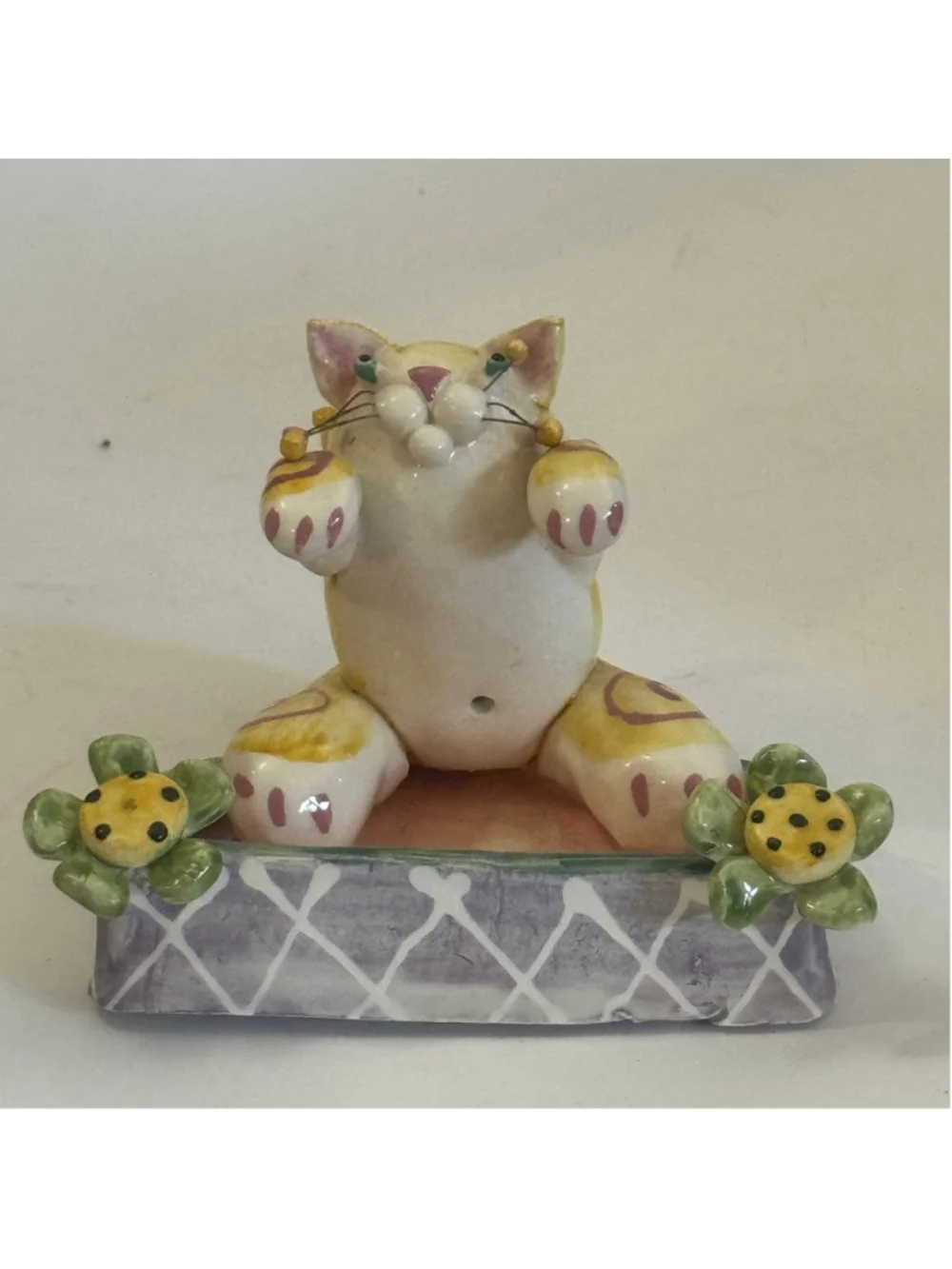 Vintage 1998 Lacombe Ceramic Cat Trinket Dish Whimsical Folk Art Decor